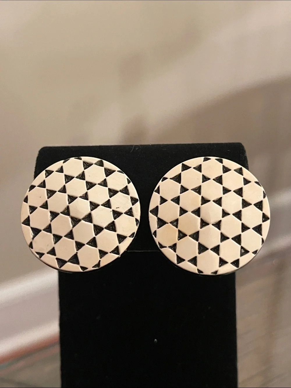 Vintage Round Button Clip Earrings with Geometric Pattern